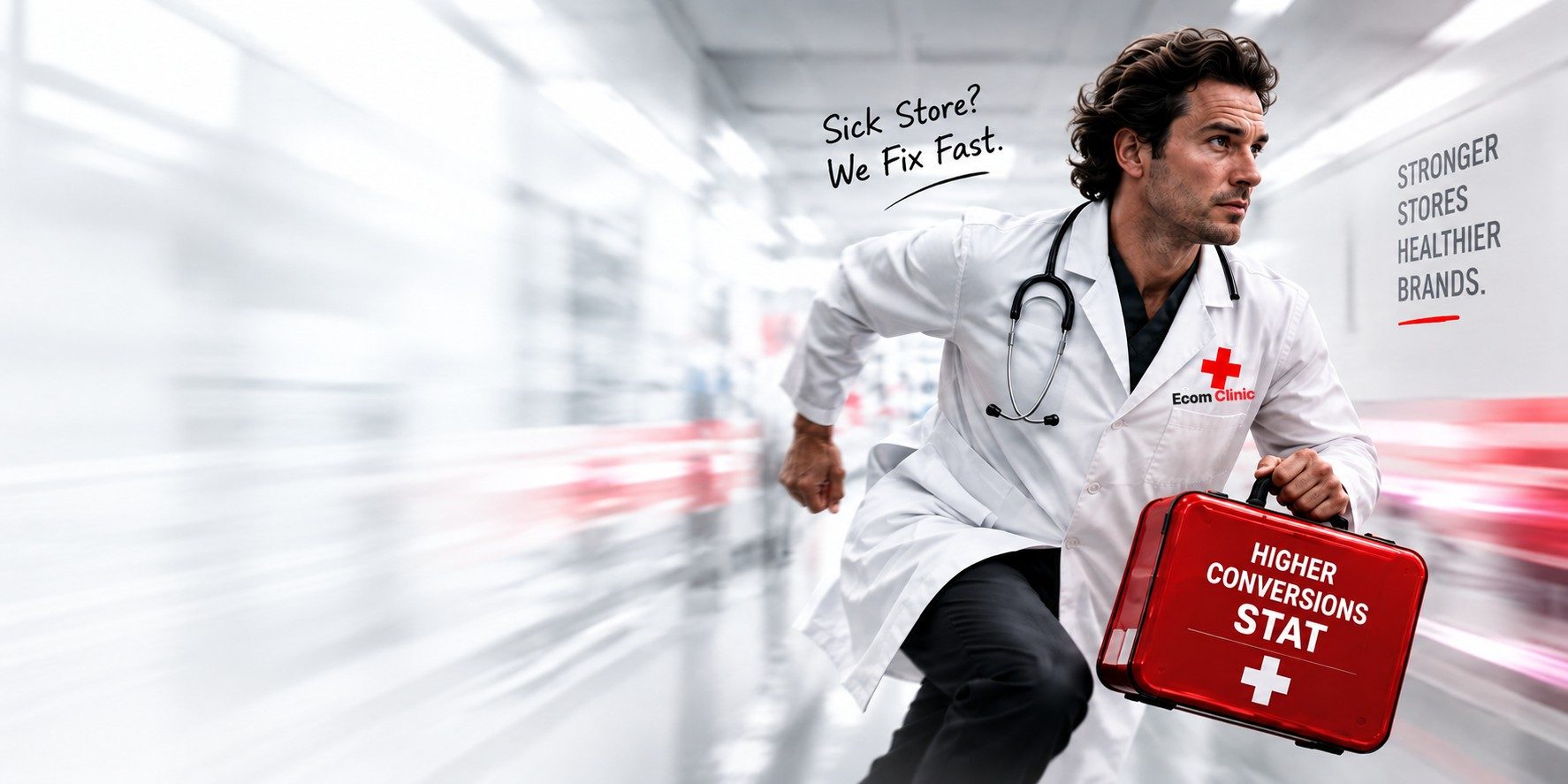 An Ecom Clinic doctor running down a hospital corridor with a red emergency case labelled Higher Conversions Stat